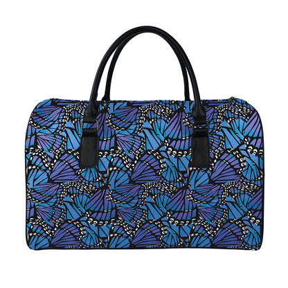 Blue Monarch Butterfly Wings Print Leather Duffle Bag