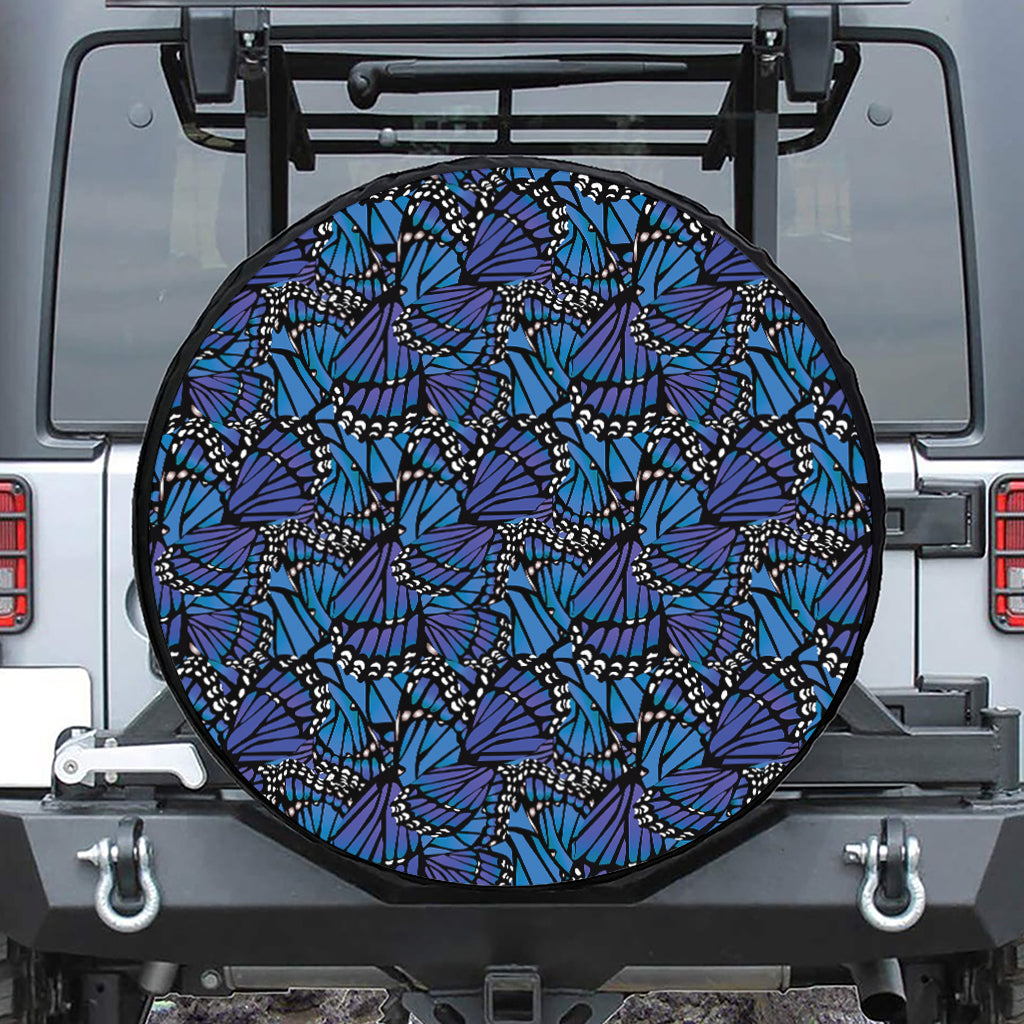 Blue Monarch Butterfly Wings Print Leather Spare Tire Cover
