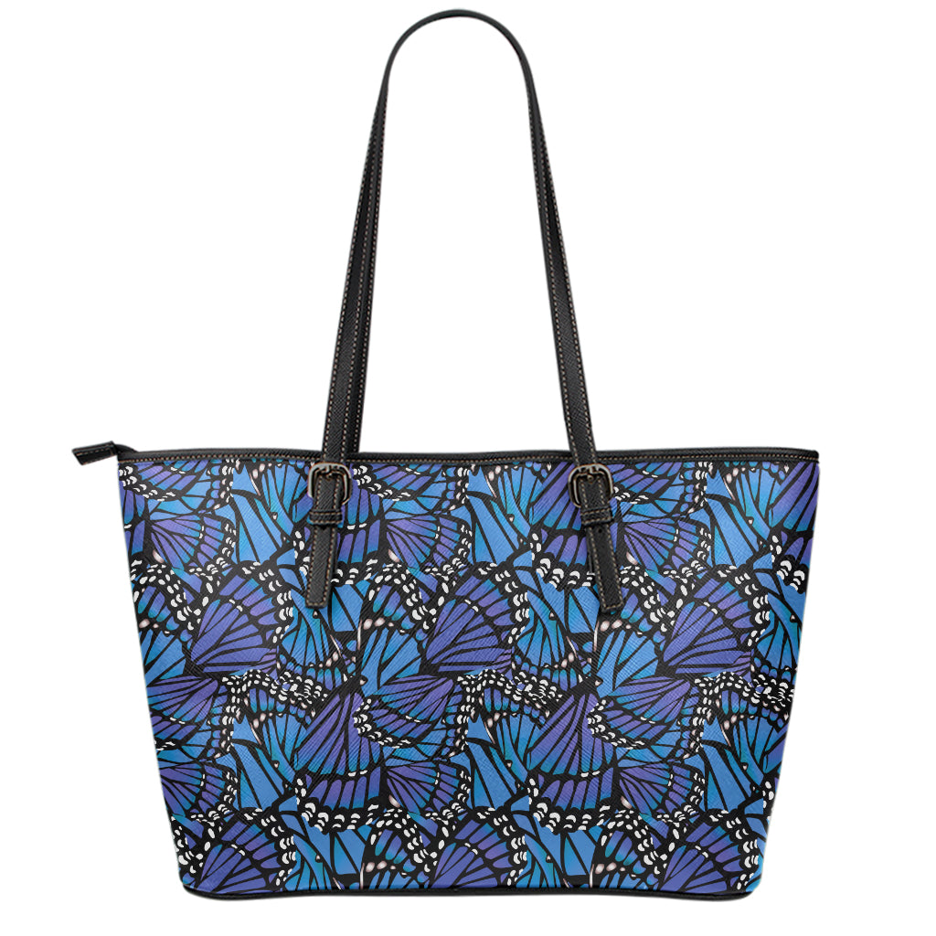 Blue Monarch Butterfly Wings Print Leather Tote Bag