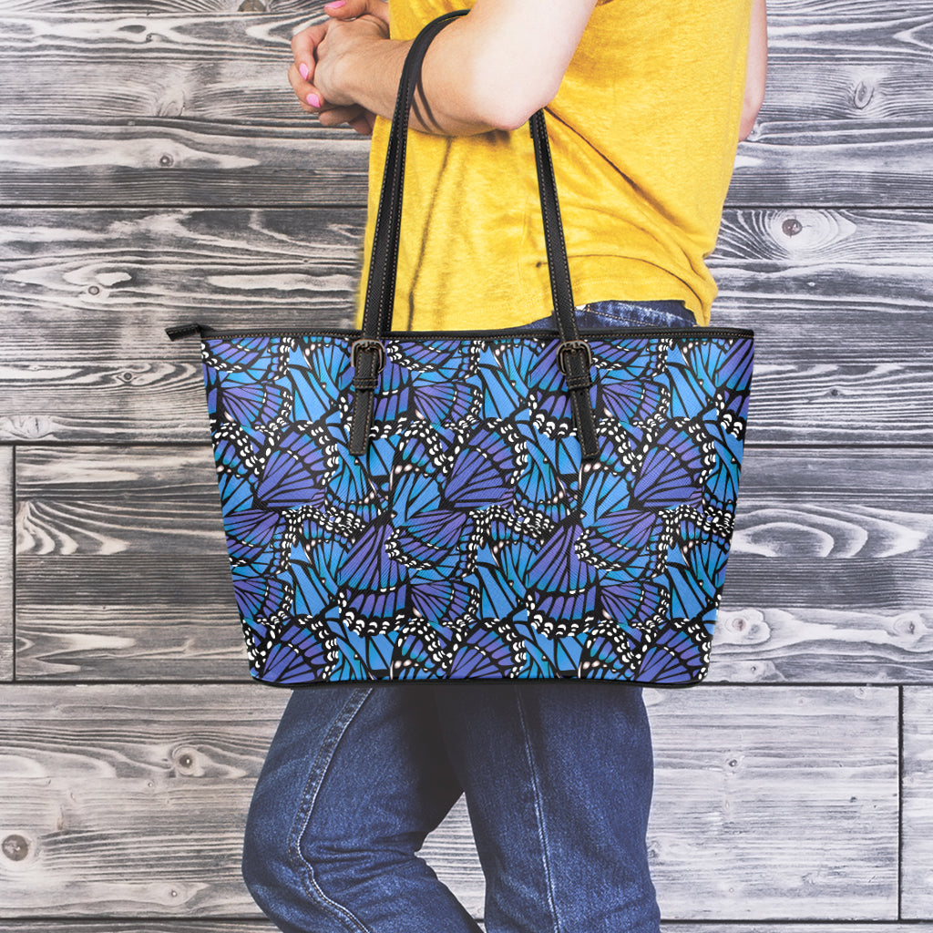 Blue Monarch Butterfly Wings Print Leather Tote Bag