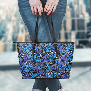 Blue Monarch Butterfly Wings Print Leather Tote Bag