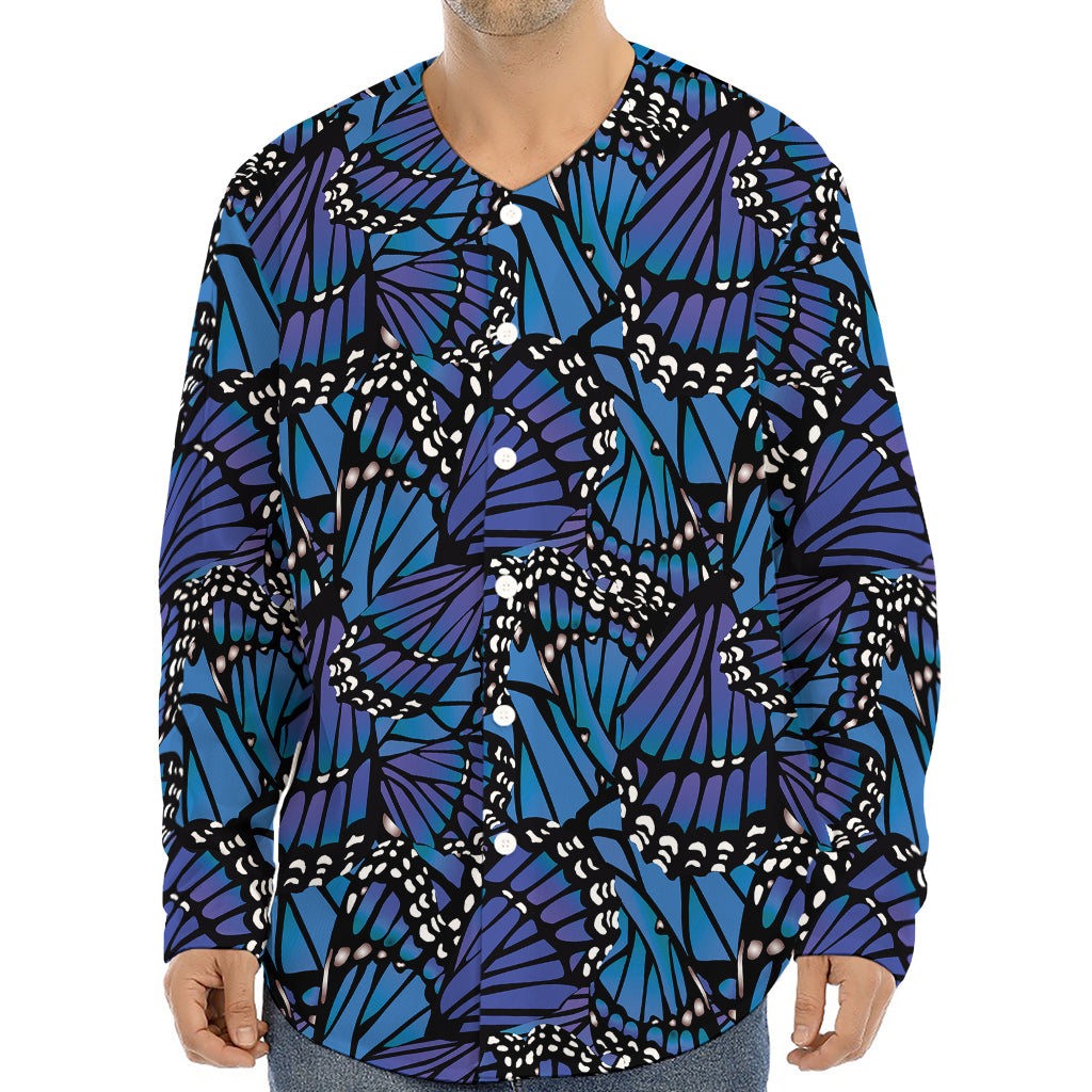 Blue Monarch Butterfly Wings Print Long Sleeve Baseball Jersey