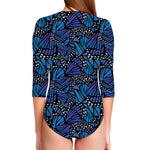 Blue Monarch Butterfly Wings Print Long Sleeve Swimsuit