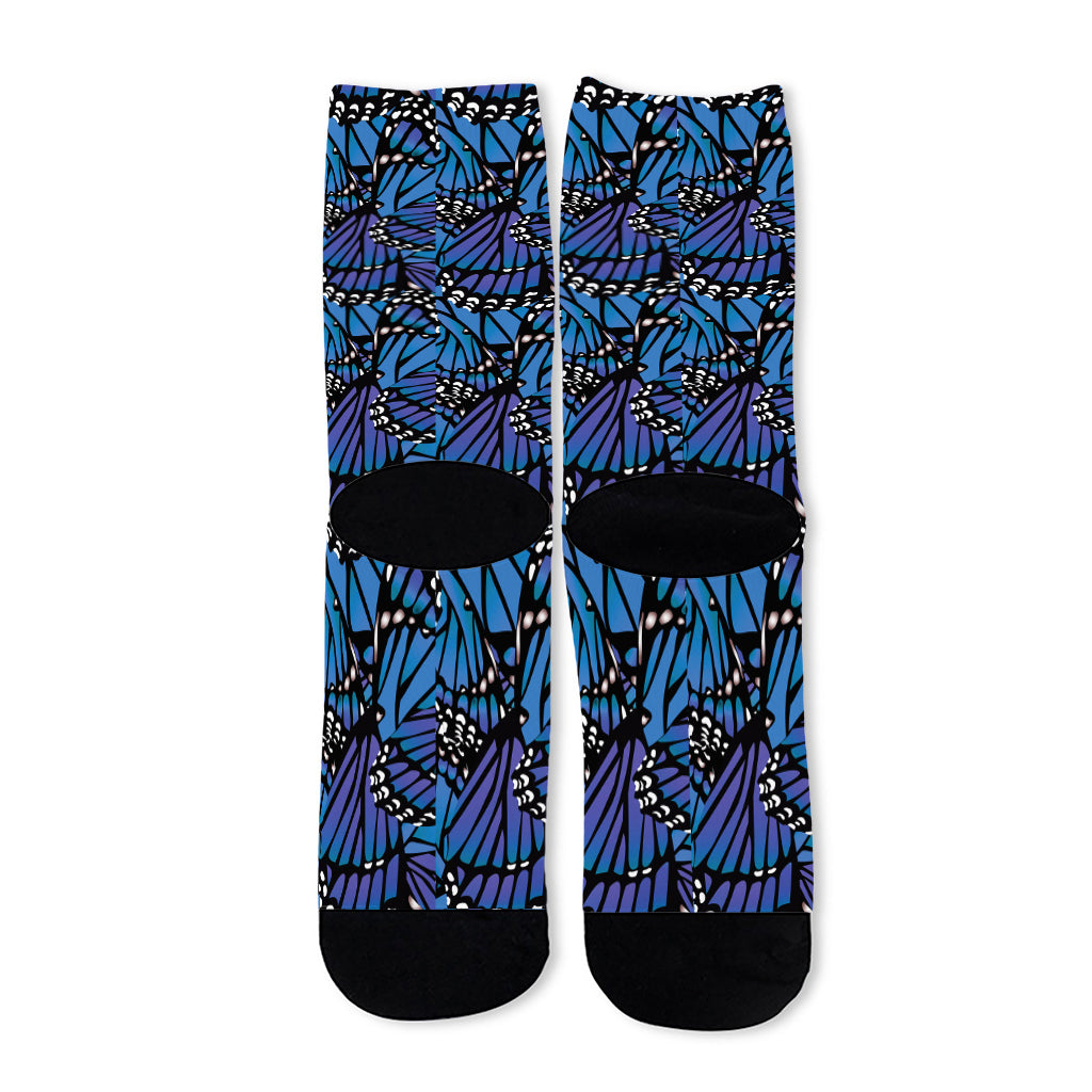 Blue Monarch Butterfly Wings Print Long Socks