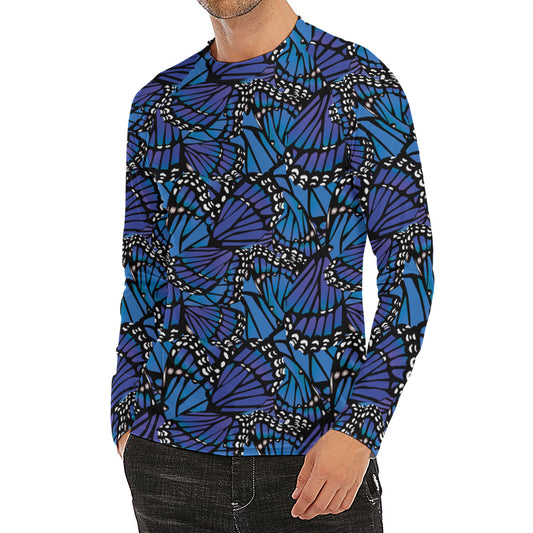 Blue Monarch Butterfly Wings Print Men's Long Sleeve Rash Guard