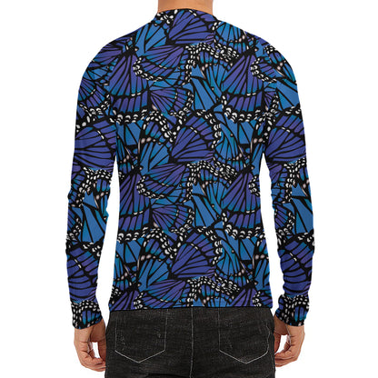 Blue Monarch Butterfly Wings Print Men's Long Sleeve Rash Guard