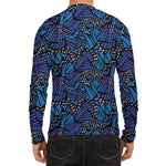 Blue Monarch Butterfly Wings Print Men's Long Sleeve Rash Guard