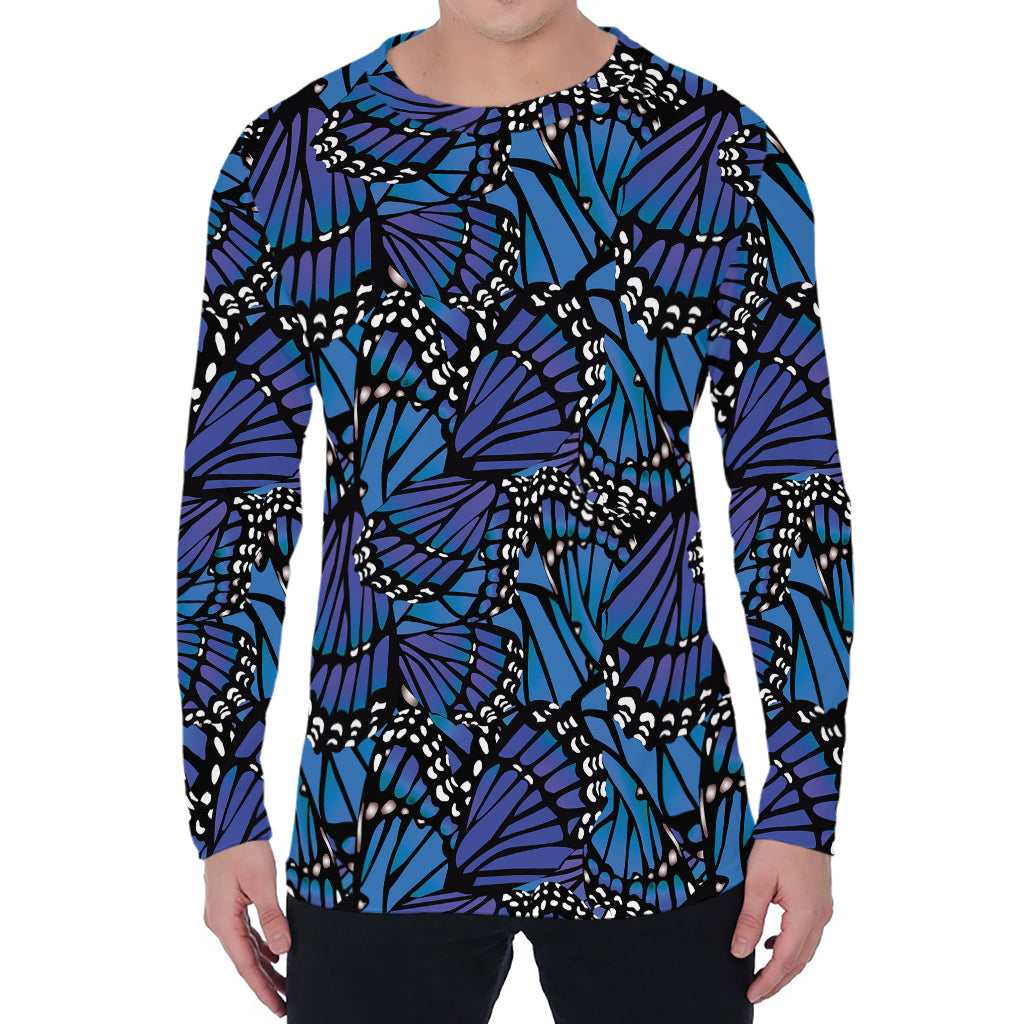 Blue Monarch Butterfly Wings Print Men's Long Sleeve T-Shirt