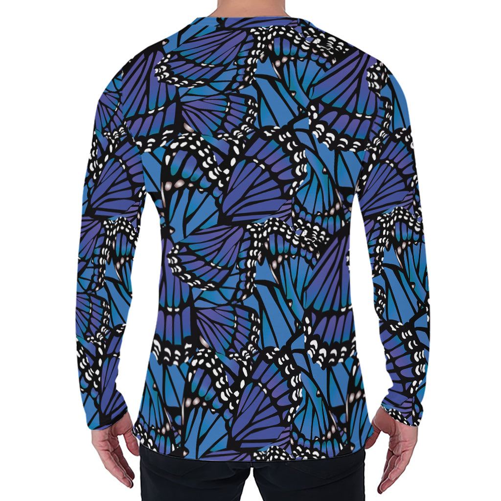 Blue Monarch Butterfly Wings Print Men's Long Sleeve T-Shirt