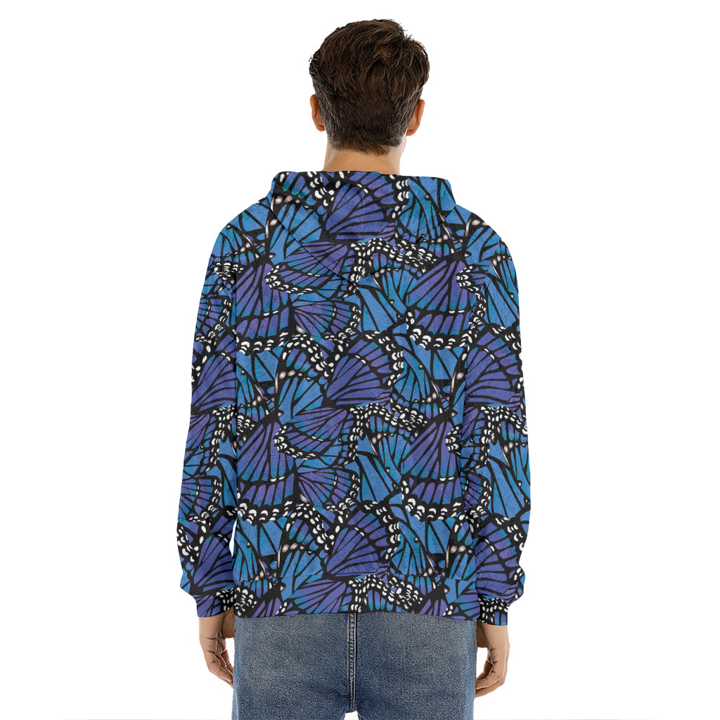 Blue Monarch Butterfly Wings Print Men's Velvet Pullover Hoodie