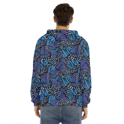 Blue Monarch Butterfly Wings Print Men's Velvet Pullover Hoodie
