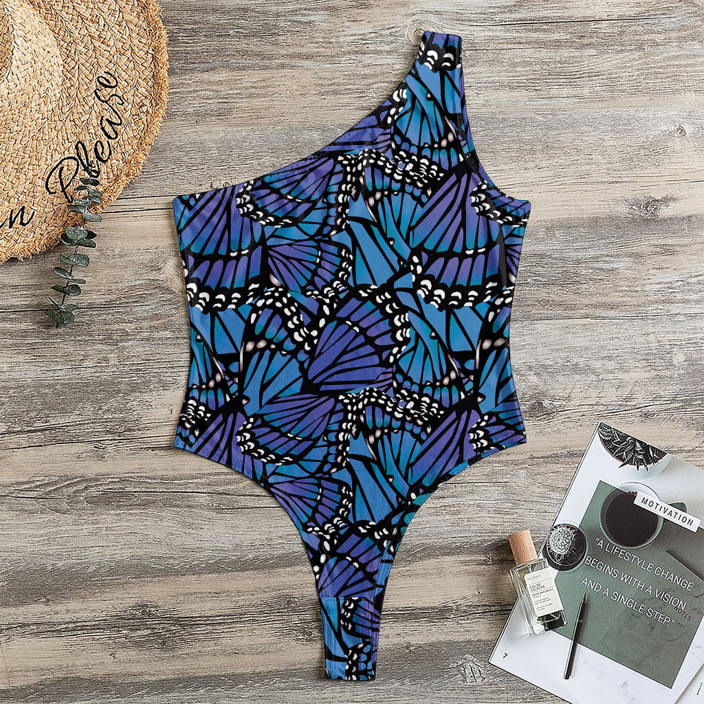 Blue Monarch Butterfly Wings Print One Shoulder Bodysuit