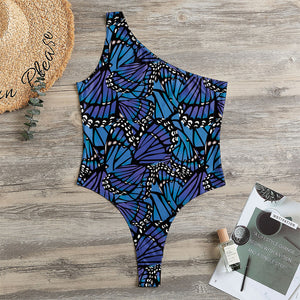 Blue Monarch Butterfly Wings Print One Shoulder Bodysuit