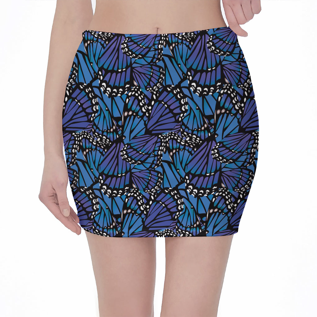 Blue Monarch Butterfly Wings Print Pencil Mini Skirt