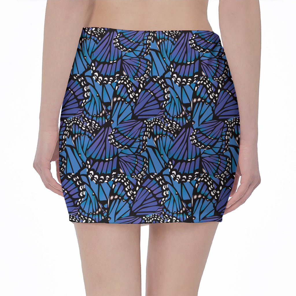 Blue Monarch Butterfly Wings Print Pencil Mini Skirt