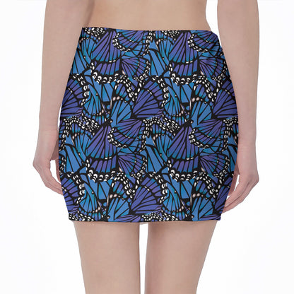 Blue Monarch Butterfly Wings Print Pencil Mini Skirt