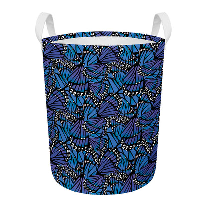 Blue Monarch Butterfly Wings Print Round Laundry Basket