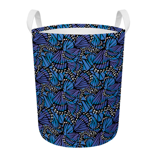 Blue Monarch Butterfly Wings Print Round Laundry Basket