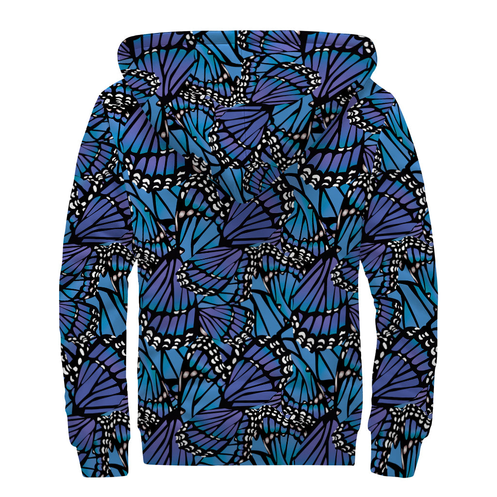 Blue Monarch Butterfly Wings Print Sherpa Lined Zip Up Hoodie