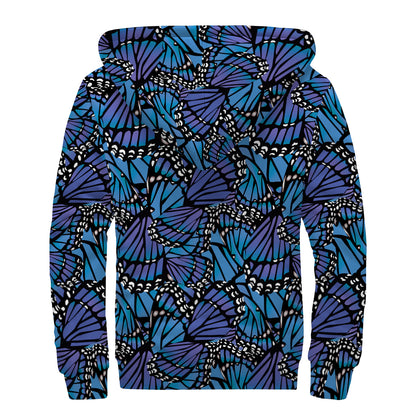 Blue Monarch Butterfly Wings Print Sherpa Lined Zip Up Hoodie