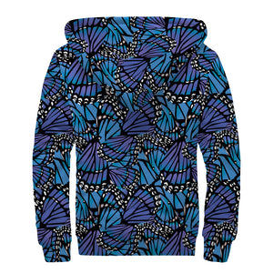 Blue Monarch Butterfly Wings Print Sherpa Lined Zip Up Hoodie