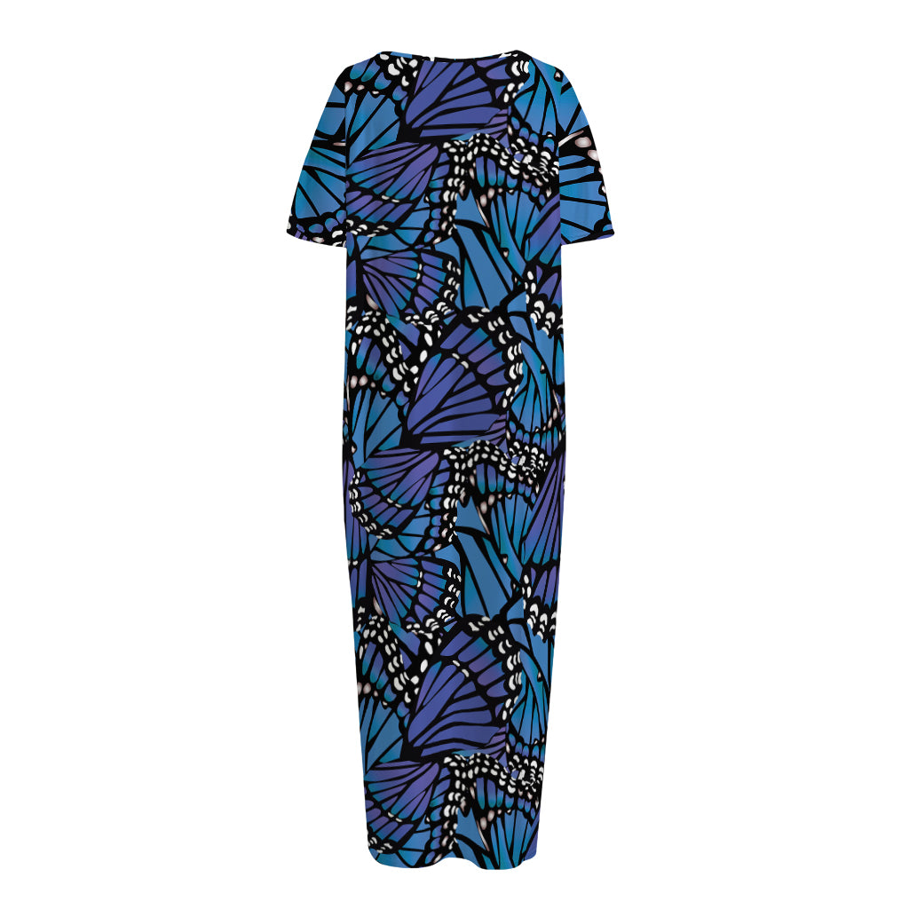 Blue Monarch Butterfly Wings Print Short Sleeve Long Nightdress