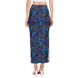 Blue Monarch Butterfly Wings Print Side Slit Maxi Skirt