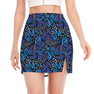 Blue Monarch Butterfly Wings Print Side Slit Mini Skirt