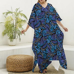 Blue Monarch Butterfly Wings Print Silk V-Neck Kaftan Dress