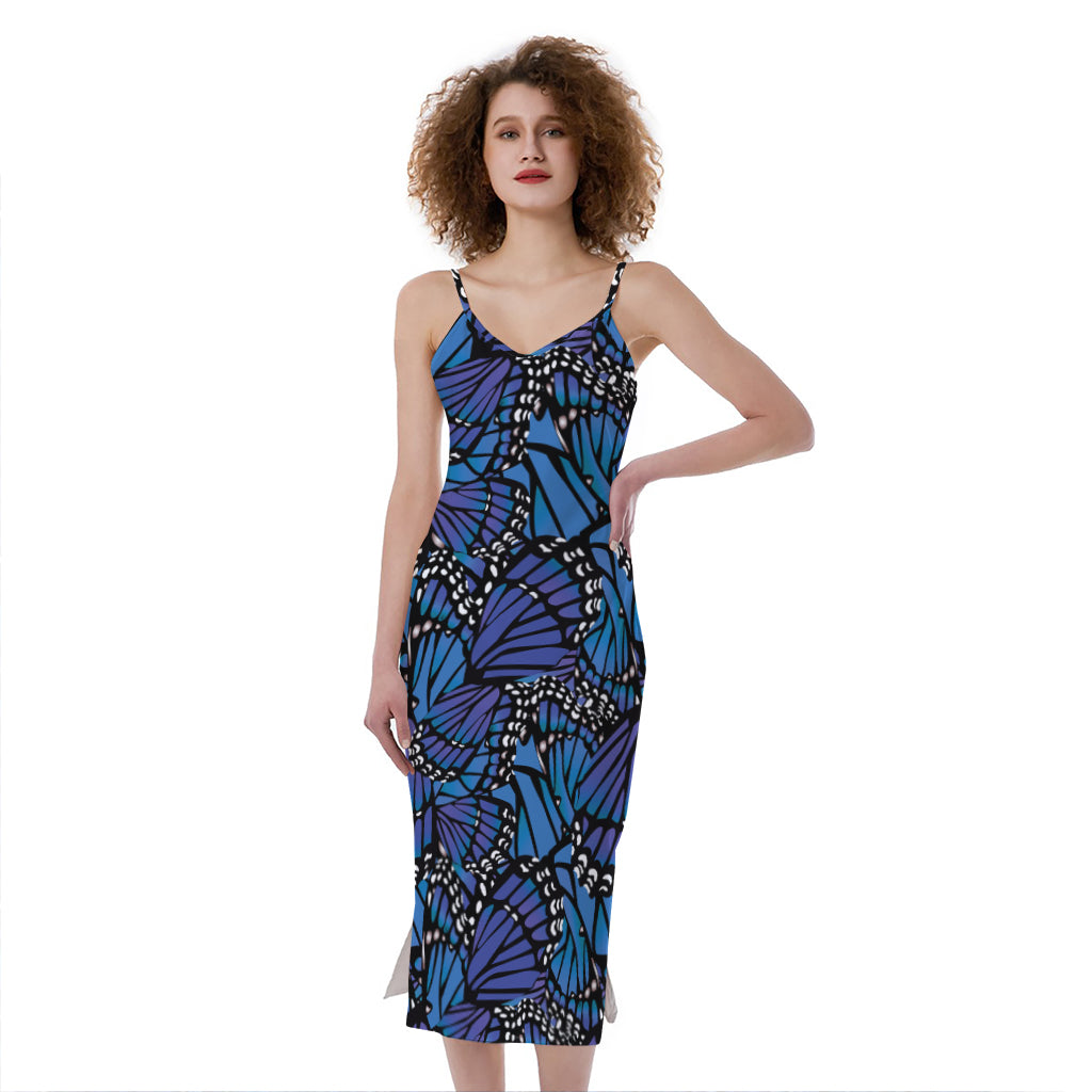 Blue Monarch Butterfly Wings Print Slim Fit Midi Cami Dress