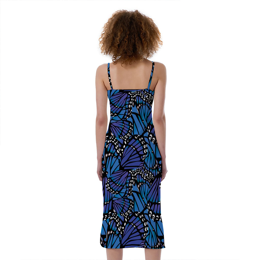 Blue Monarch Butterfly Wings Print Slim Fit Midi Cami Dress