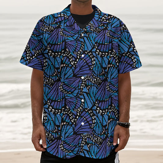 Blue Monarch Butterfly Wings Print Textured Short Sleeve Shirt