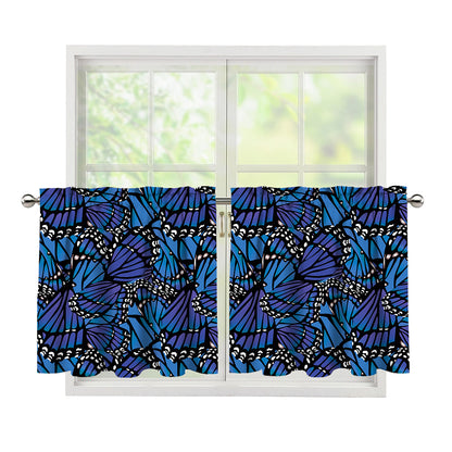 Blue Monarch Butterfly Wings Print Tier Curtains
