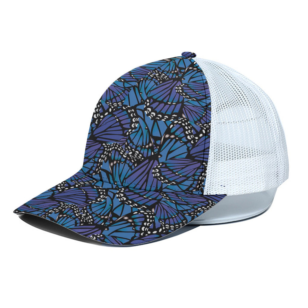 Blue Monarch Butterfly Wings Print White Mesh Trucker Cap