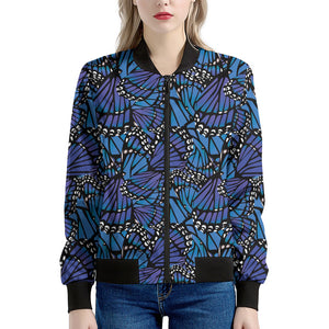 Blue Monarch Butterfly Wings Print Women's Bomber Jacket