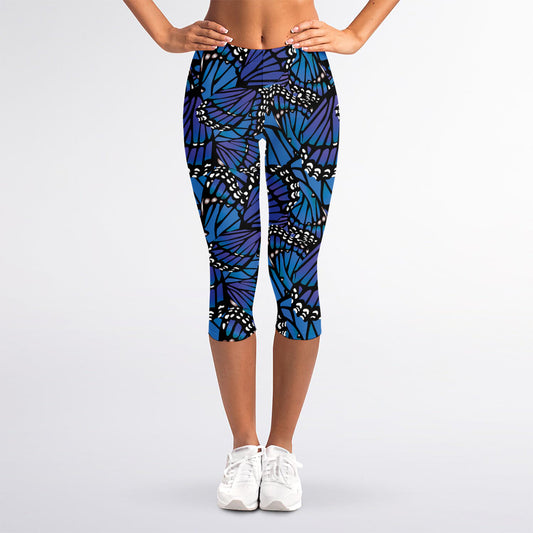 Blue Monarch Butterfly Wings Print Women's Capri Leggings