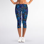 Blue Monarch Butterfly Wings Print Women's Capri Leggings