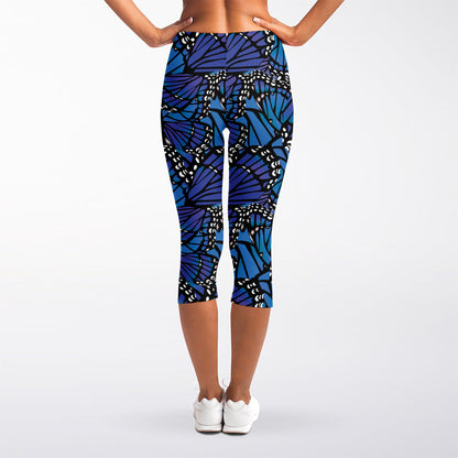 Blue Monarch Butterfly Wings Print Women's Capri Leggings