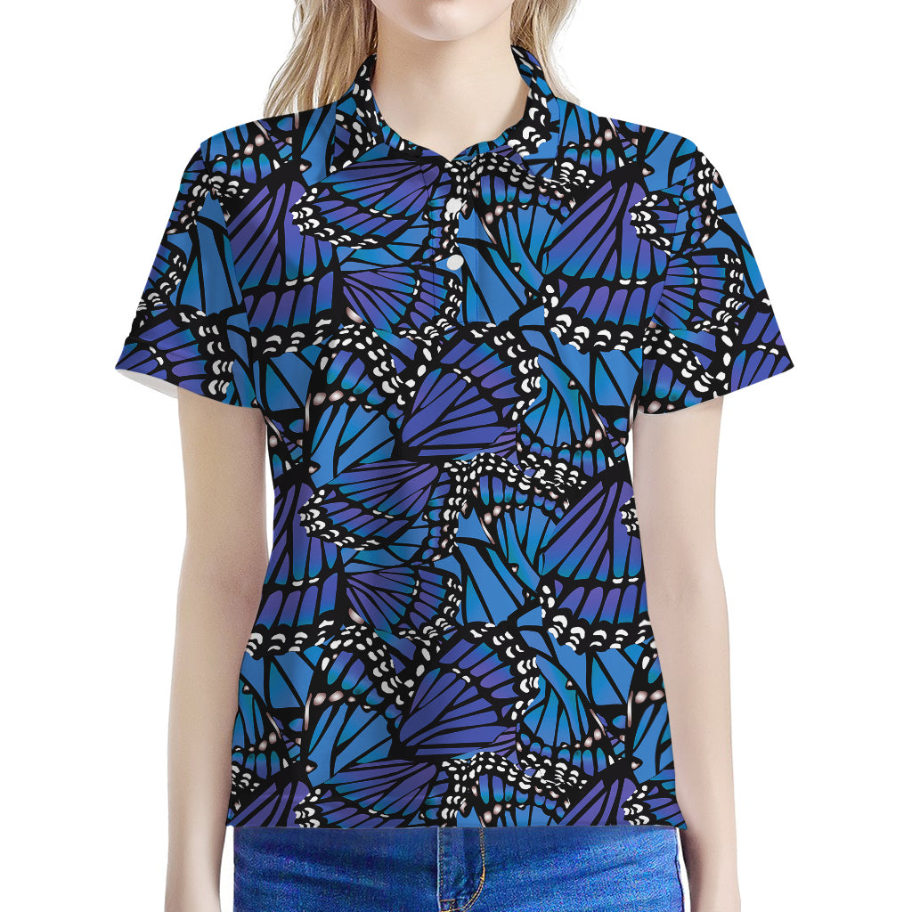 Blue Monarch Butterfly Wings Print Women's Polo Shirt