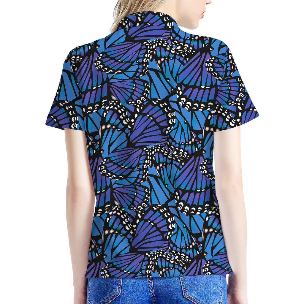 Blue Monarch Butterfly Wings Print Women's Polo Shirt