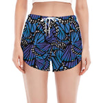 Blue Monarch Butterfly Wings Print Women's Split Running Shorts