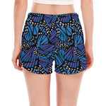 Blue Monarch Butterfly Wings Print Women's Split Running Shorts