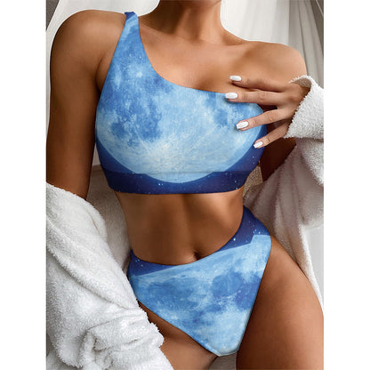 Blue Moon Print One Shoulder Bikini Top