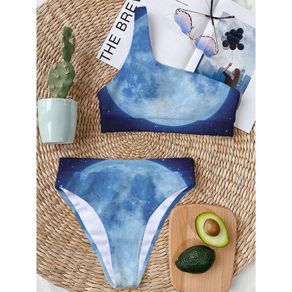 Blue Moon Print One Shoulder Bikini Top