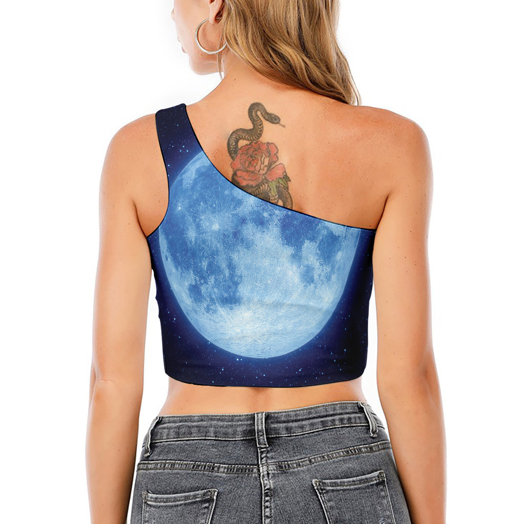 Blue Moon Print One Shoulder Crop Top
