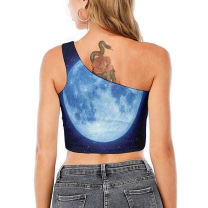 Blue Moon Print One Shoulder Crop Top