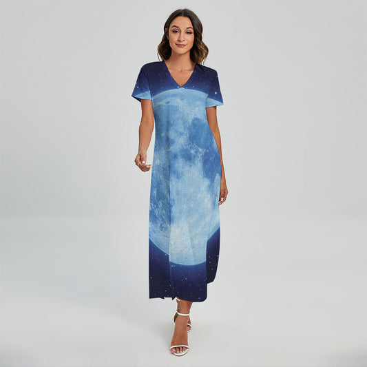 Blue Moon Print Short Sleeve Maxi Dress