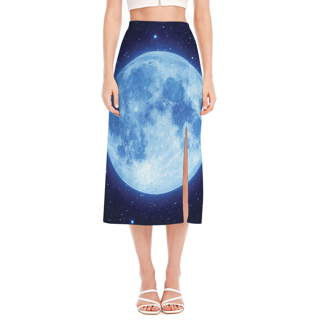Blue Moon Print Side Slit Midi Skirt