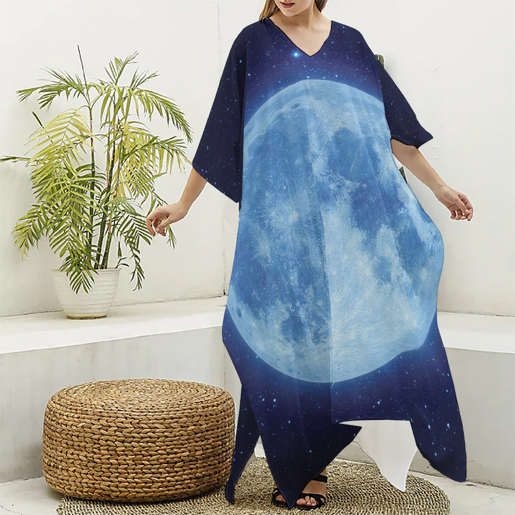 Blue Moon Print Silk V-Neck Kaftan Dress