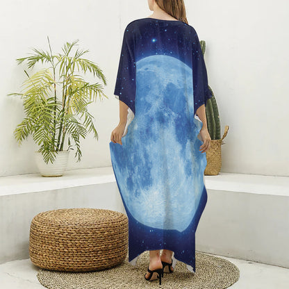 Blue Moon Print Silk V-Neck Kaftan Dress